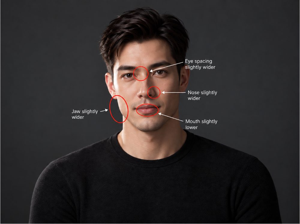 Delivered AI KOL portrait with subtle identity drift, callouts marking jaw, eye spacing, nose and mouth shifts