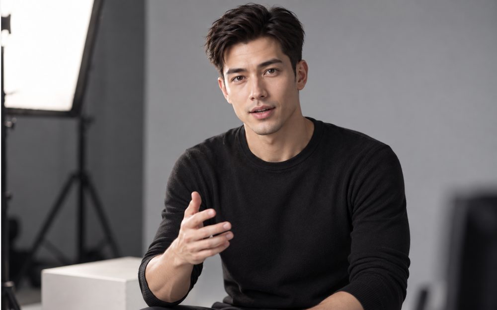 AI KOL on a production set, mid-shot